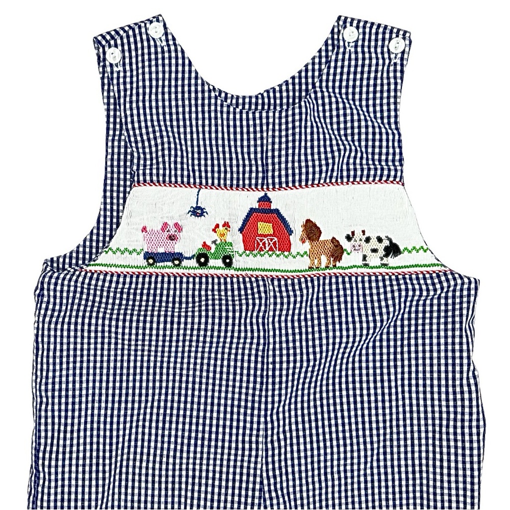 Anavini Hand‎ Smocked Gingham Plaid Overalls Barnyard Animals Farm Blue 24M